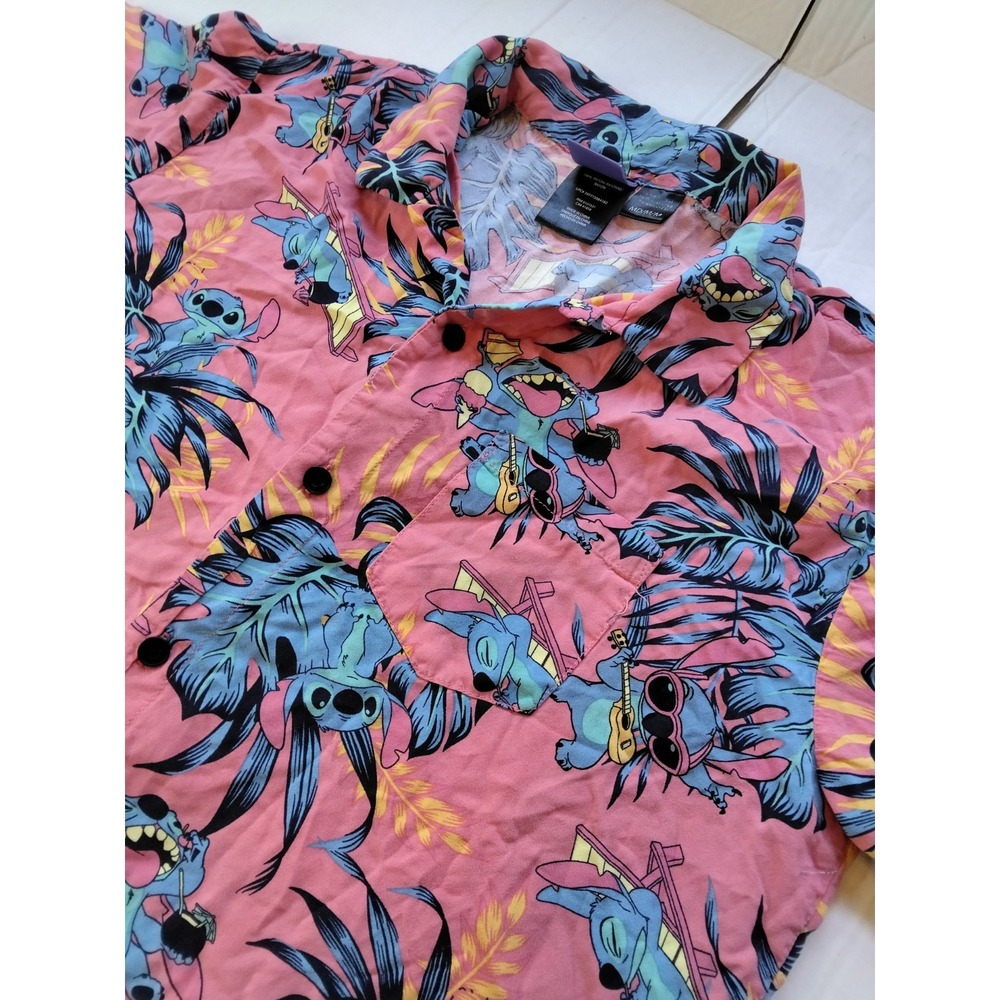 Disney Lilo & Stitch Men's Shirt Medium Button Down Hawaiian Pink Blue Graphic